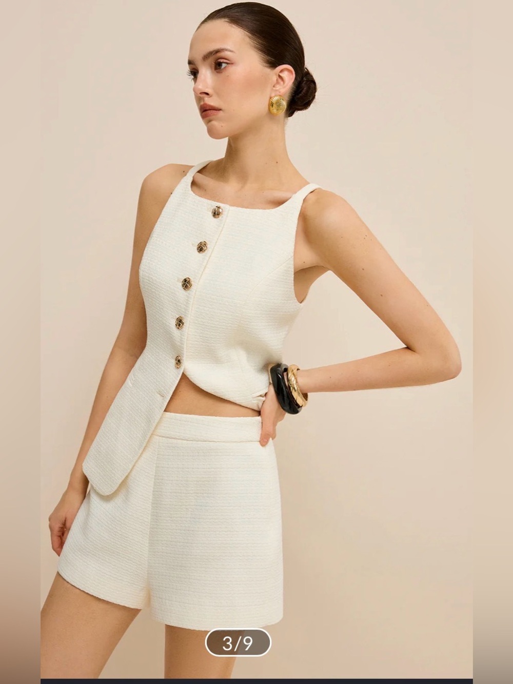 NWT Commense Pocketed Tweed Metal Button Shorts & Vest Set Cream Apricot Medium